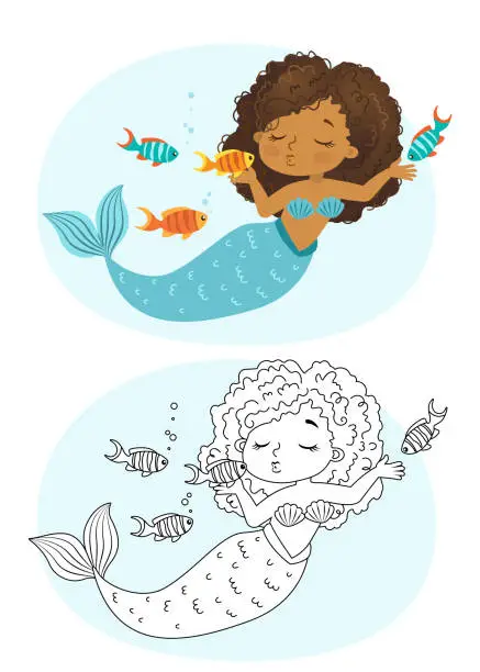 Vector illustration of Black and white vector coloring for children. Illustration of beautiful girl mermaid african american ethnicity
