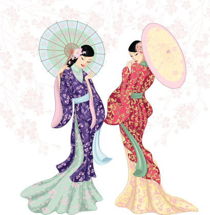 Two beautiful Chinese women with umbrellas isolated over white