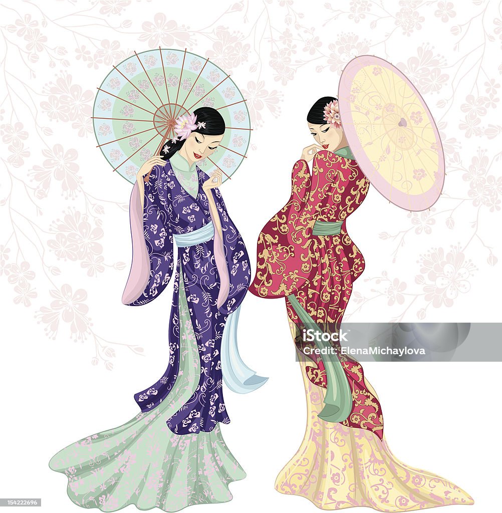 Chinese beauties Two beautiful Chinese women with umbrellas isolated over white Chinese Culture stock vector