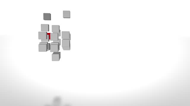 Computer graphics background. A large cube on a white background is assembled from many cubes of different shades of gray and one red. Looped