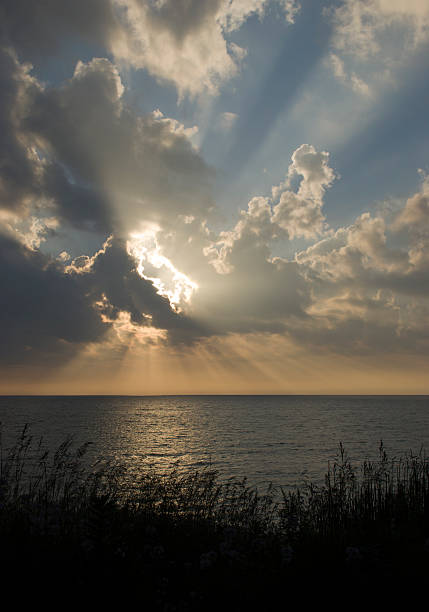 Sunset Over Lake With Grass stock photo