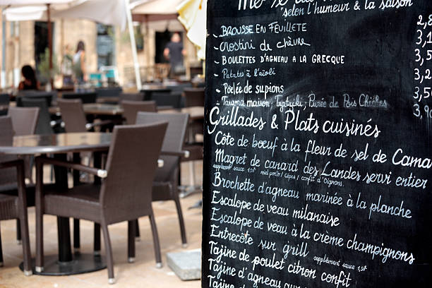 istock Hand written restaurant menu on chalkboard in Paris 154223431