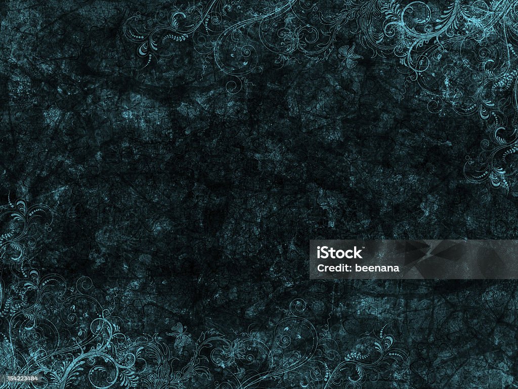 Blue and Black Grunge Floral Background Blue and black grunge background with some floral elements in the upper right hand and lower left hand corners. Abstract Stock Photo