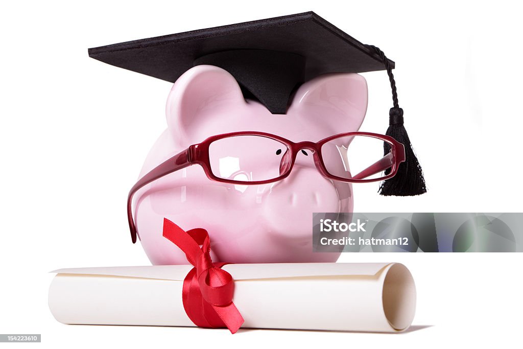 Graduate Piggy Bank Pink piggy bank dressed as a college graduate with mortar board, glasses and diploma.  Isolated on white.  Alternative version shown below.  To see my complete collection of piggy banks please CLICK HERE. Achievement Stock Photo