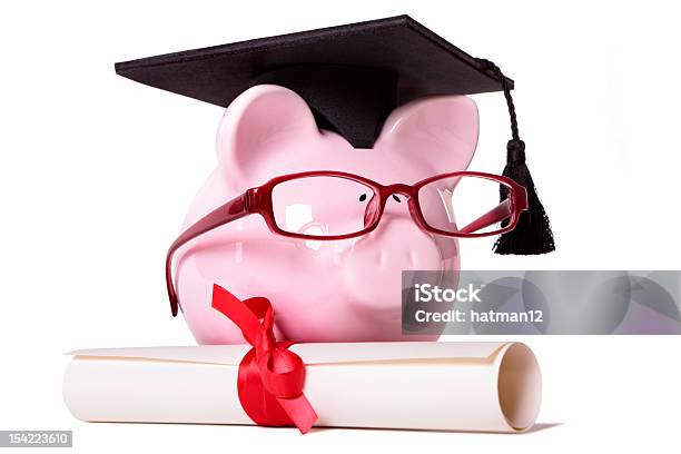 Graduate Piggy Bank Stock Photo - Download Image Now - Achievement, Aspirations, Black Color