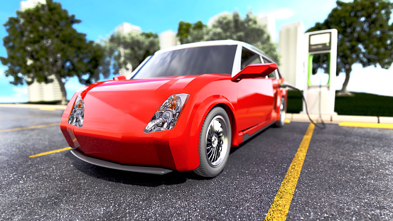 Red cartoon car on white background. 3D illustration