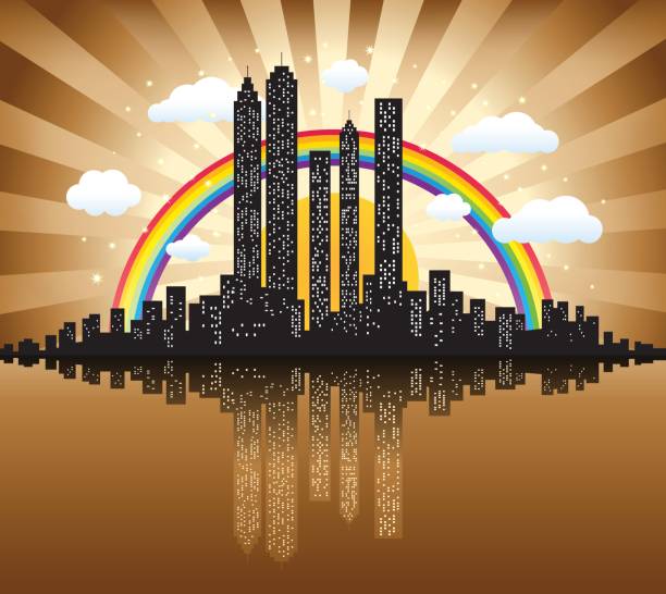 illustrazioni stock, clip art, cartoni animati e icone di tendenza di seppia skyline della città, nuvole, arcobaleno, sole con riflesso d'acqua silhouette - new york rain