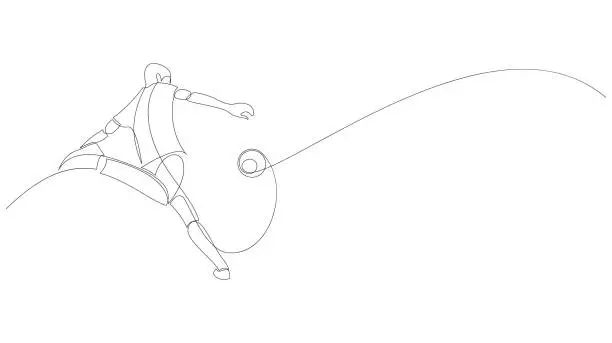 Vector illustration of Young football player kicking the ball continuous one line drawing. Soccer match concept drawn by single line. Sports minimalist design vector illustration.