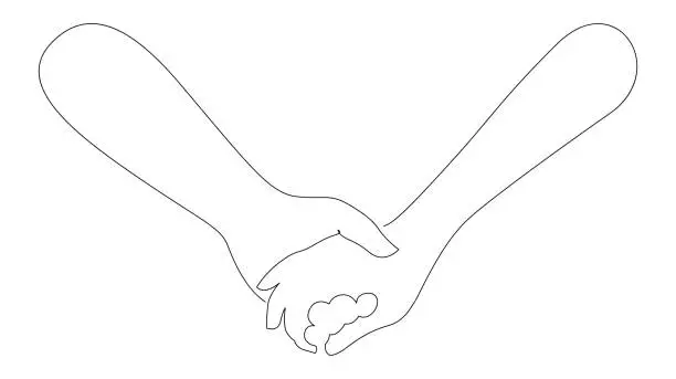Vector illustration of Holding hands continuous line drawing on white isolated background. Minimalist one line doodle vector illustration.