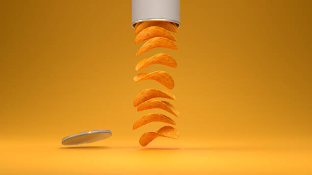3D render of potato chips falling from can on a table. junk food. orange background.
