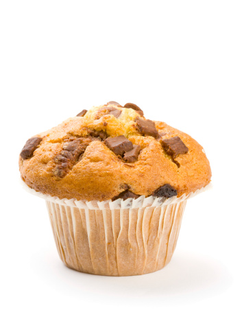 Chocolate chip muffin focus on front chocolate chips