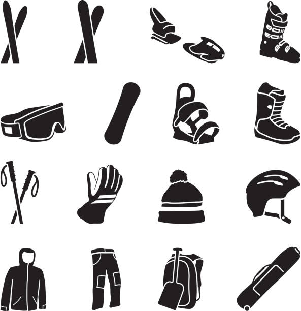스키 장비 아이콘 - snowboard boot stock illustrations