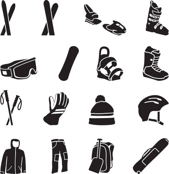 ikony sprzęt narciarski - snowboard stock illustrations