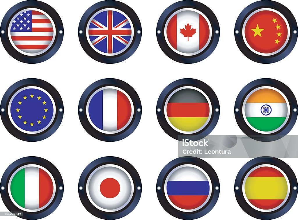 Round Metallic Flags Round metallic flags. From left to right (in alphabetical order); America, Britain, Canada, China, the European Union, France, Germany, India, Italy, Japan, Russia, and Spain. England stock vector