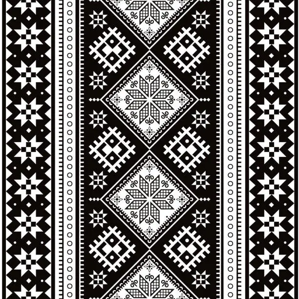 Vector illustration of Ukrainian Hutsul Pysanky vector seamless pattern stars and geometric vertical shapes, folk art Easter eggs repetitive design in black and white