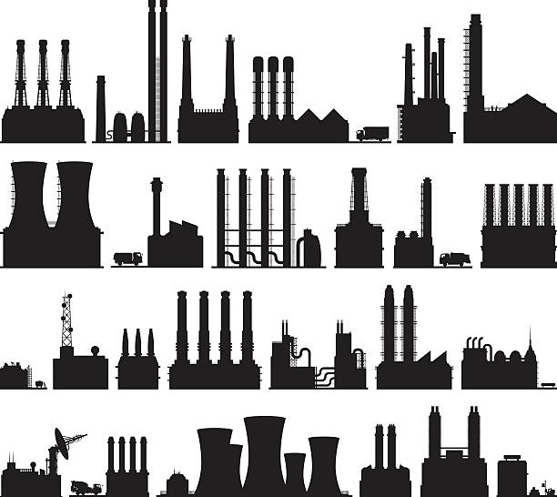 Twenty-Five Factories Twenty-five factories and other industrial buildings. Make your own polluted cityscape! industry silhouettes stock illustrations