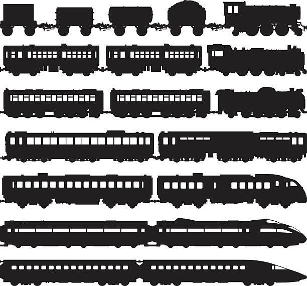 тренирует (carriages легко могут быть разделены или дублировать - train steam train vector silhouette stock illustrations