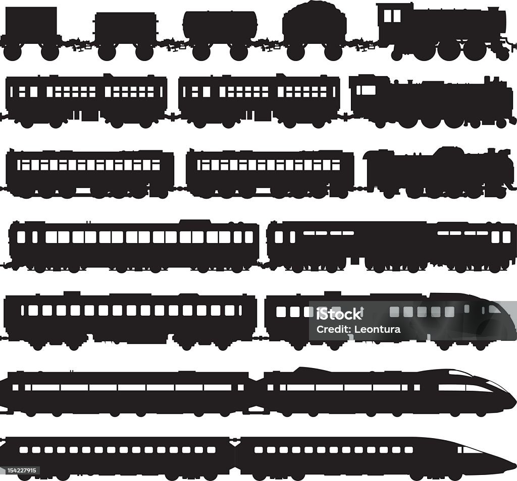 Trains (Carriages Can Easily Be Separated or Duplicated) Seven different trains, from slow to fast. The carriages are separate so it is easy to delete some or add more by copying and pasting. Train - Vehicle stock vector
