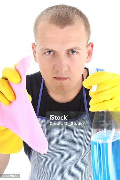 Portrait Of Young Man With Cleaning Supplies Stock Photo - Download Image Now - Adult, Apron, Beautiful People