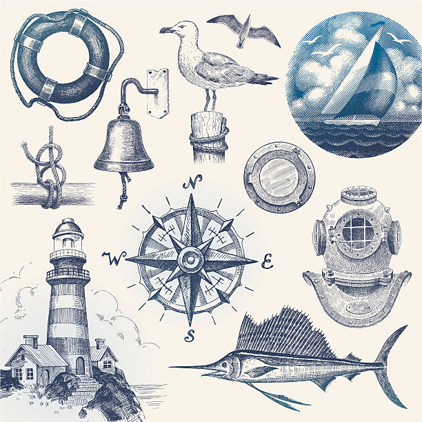 ilustraciones, imágenes clip art, dibujos animados e iconos de stock de conjunto de vectores náutica dibujados a mano - anticuado ilustraciones