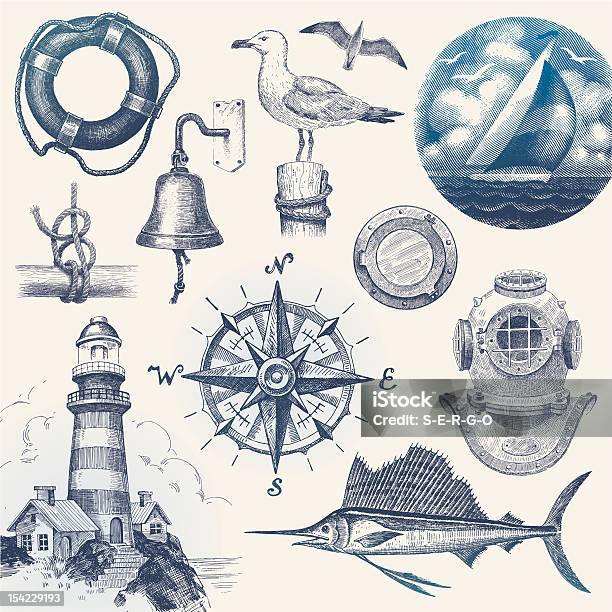 Ręcznie Rysowane Wektor Zestaw Morskie - Stockowe grafiki wektorowe i więcej obrazów Ilustracja - Ilustracja, Transport morski, Morze