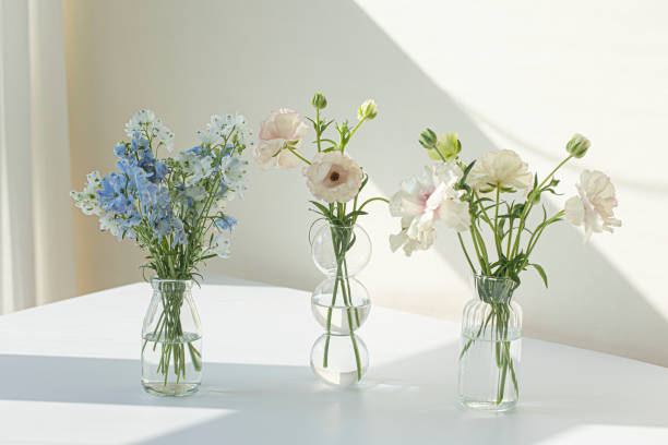 istock Blue delphiniums with butterfly Ranunculus in a glass vase 1542325993