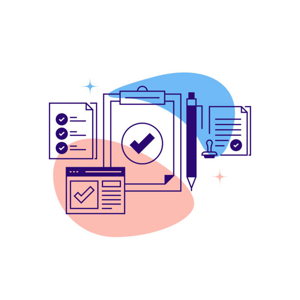 ilustraciones, imágenes clip art, dibujos animados e iconos de stock de marca de verificación y concepto de diseño de banner vectorial relacionado aprobado, estilo de línea moderno con iconos - conformidad