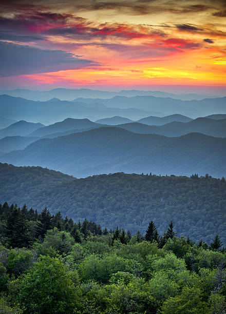 blue ridge parkway paysage pittoresque appalaches crêtes couches au coucher du soleil - usa travel sunset summer photos et images de collection