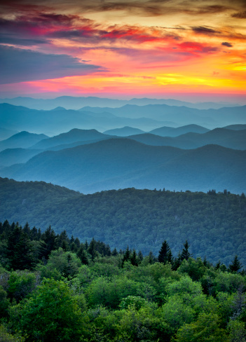 Blue Ridge Parkway Scenic Landscape Appalachian Mountains Ridges Sunset Layers over Great Smoky Mountains National Park