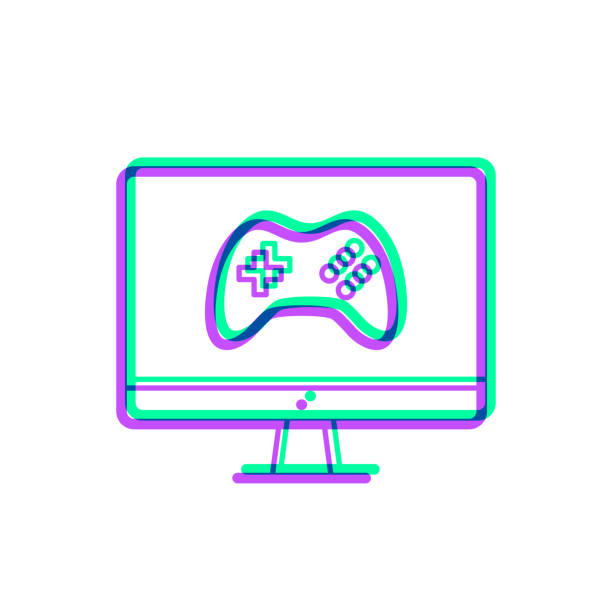 gra wideo na komputerze stacjonarnym. ikona z dwukolorową nakładką na białym tle - three dimensional shape joystick gamepad computer icon stock illustrations