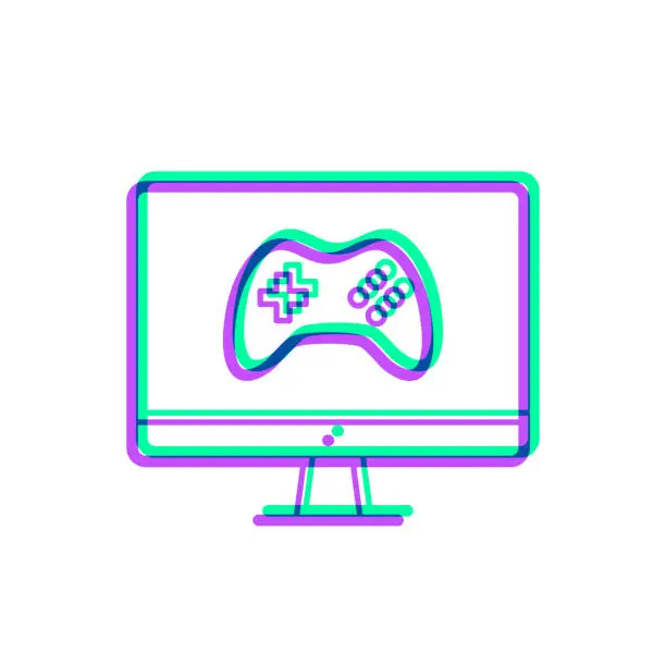 Vector illustration of Video game on desktop computer. Icon with two color overlay on white background