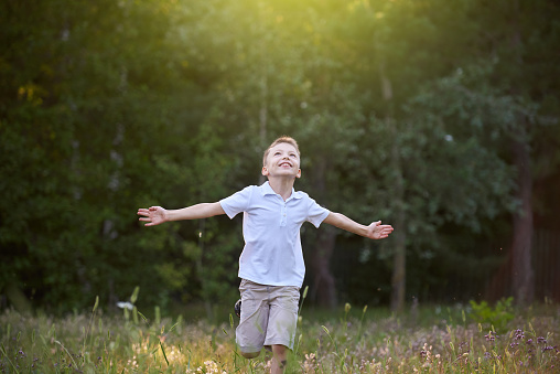 A little boy runs through the meadow with his arms wide open have fun.