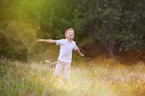 A little boy runs through the meadow with his arms wide open as if flying.