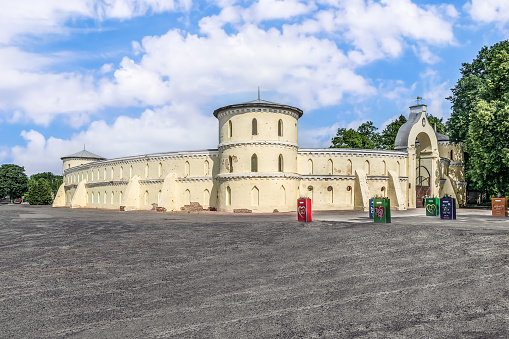 Trostyanets, Sumy Oblast, Ukraine - June 18, 2023: Ancient fortress Round yard in Trostyanets - view from the street. Facade of the castle Krugliy dvir