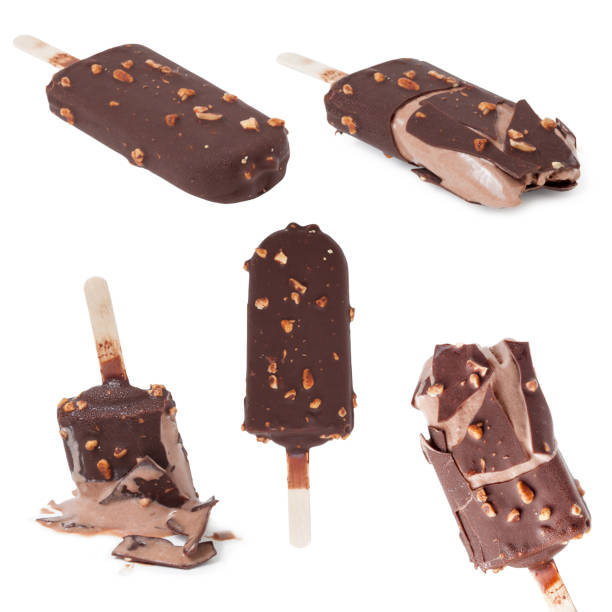 istock Set stick ice cream chocolate covered and almond isolate white background 1542363569