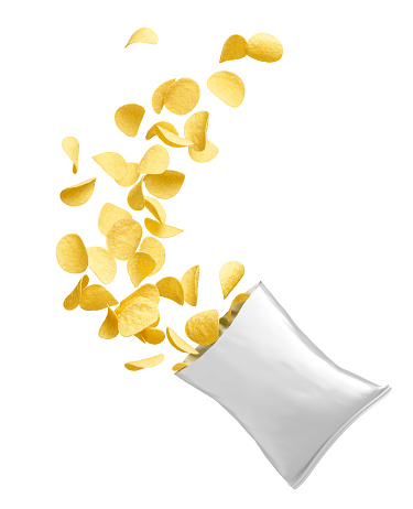 Pack of splashing potato chips isolated on white