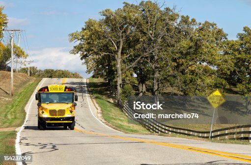 istock American country asphalt road with school bus sign 154237049