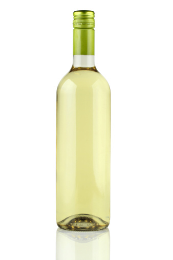 A bottle of white wine on a white background.