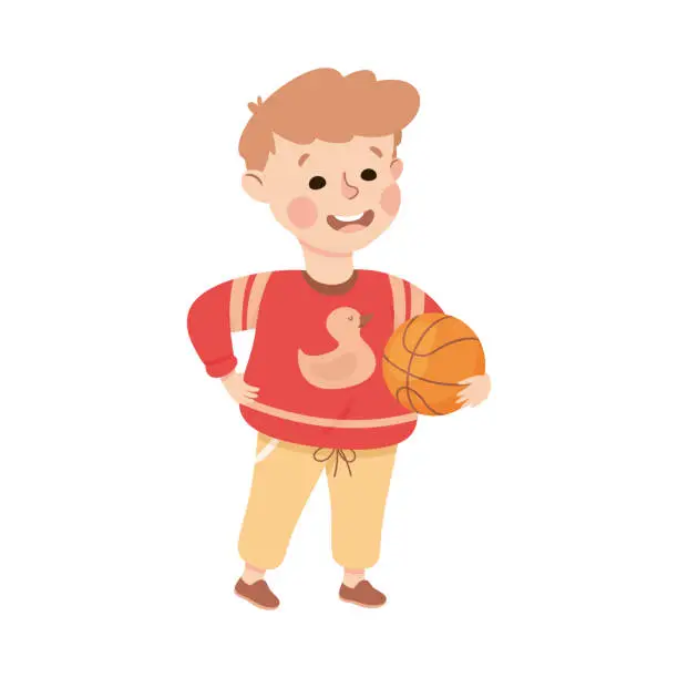 Vector illustration of Little Boy Character in Red Sweater Standing with Ball for Basketball Game Vector Illustration