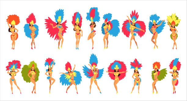 junge frauen in hellen kostümen tanzen auf brasilianischem karnevalsset. latino-frauen im feder-bikini-kleid karikatur-vektor-illustration - samba dancing rio de janeiro carnival brazilian stock-grafiken, -clipart, -cartoons und -symbole