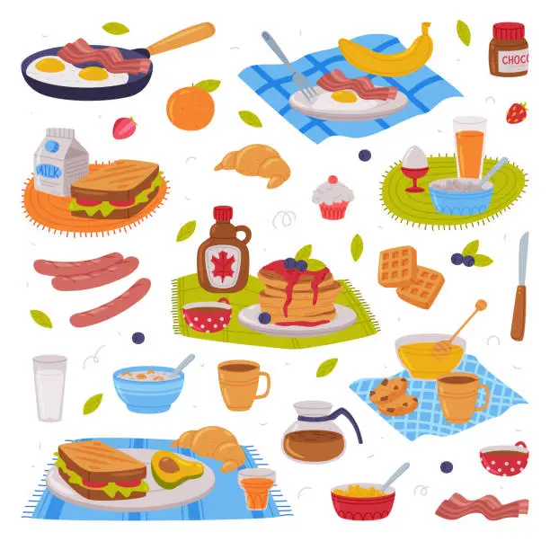 Vector illustration of Tasty Breakfast or Brunch with Typical Food Served on Plate Vector Set