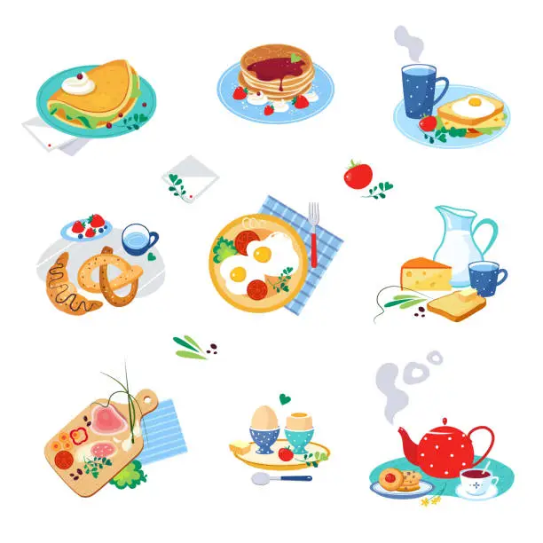 Vector illustration of Tasty Breakfast or Brunch with Typical Food Served on Plate Vector Set