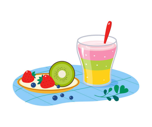 ilustrações de stock, clip art, desenhos animados e ícones de fruit on plate and yoghurt as tasty breakfast or brunch with typical food vector illustration - freshness food serving size kiwi