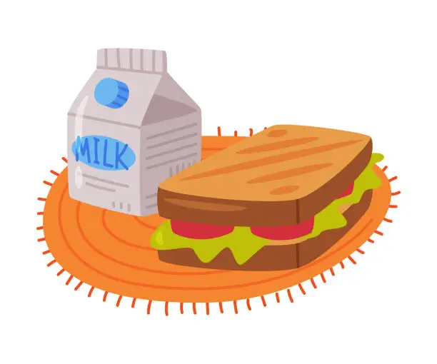 Vector illustration of Carton with Milk and Sandwich on Tablecloth as Tasty Breakfast or Brunch with Typical Food Vector Illustration