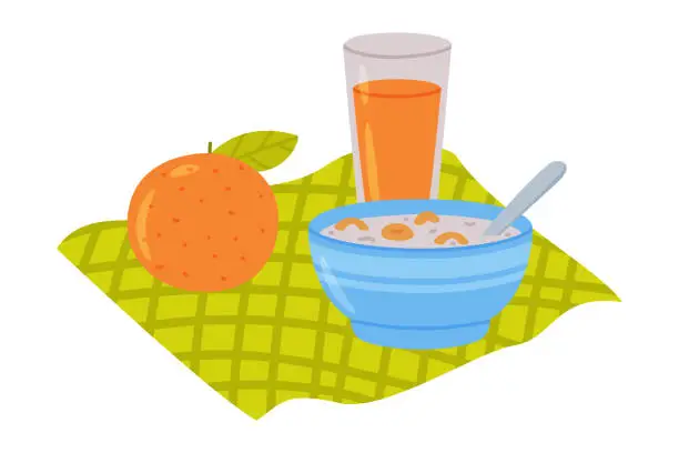 Vector illustration of Porridge in Bowl with Orange Juice in Glass as Tasty Breakfast or Brunch with Typical Food Vector Illustration