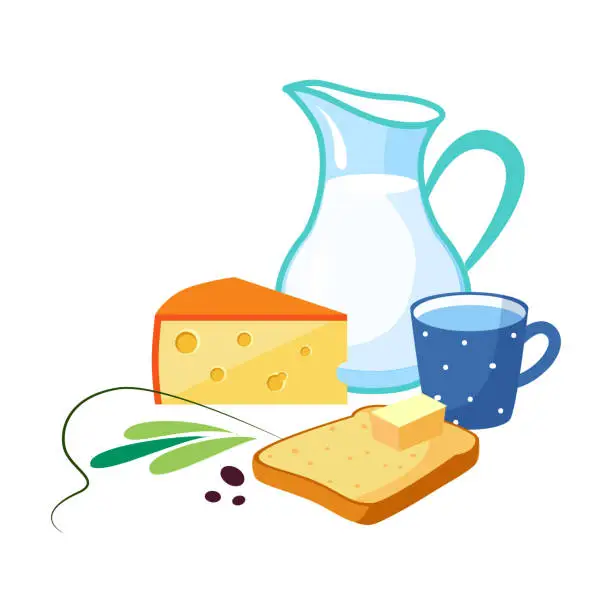 Vector illustration of Milk Jug, Cheese and Bread Slice with Butter Slab as Tasty Breakfast or Brunch with Typical Food Vector Illustration