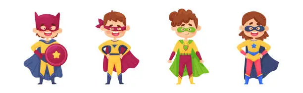 Vector illustration of Smiling Boy and Girl Character in Superhero Costume and Cloak Standing Ready to Save the World Vector Illustration Set