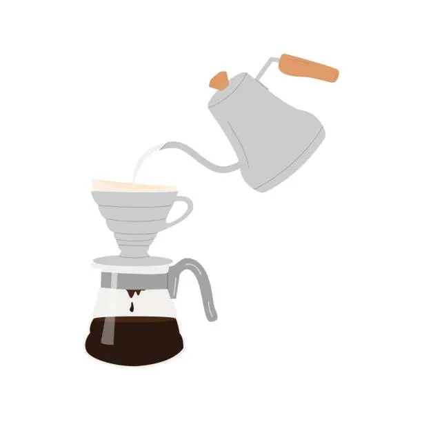 Vector illustration of Pour over drip coffee artwork. Manual alternative coffee brewing technique and method. Hand drawn vector illustration isolated on background.