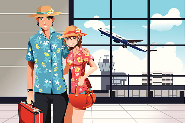 illustrations, cliparts, dessins animés et icônes de voyage d'été couple - travel suitcase hawaiian shirt people traveling