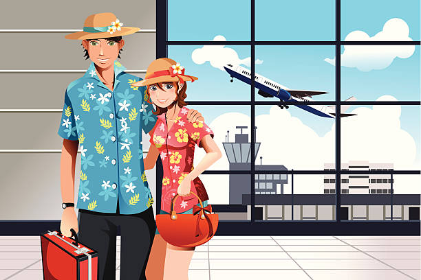 letnich podróży para - travel suitcase hawaiian shirt people traveling stock illustrations